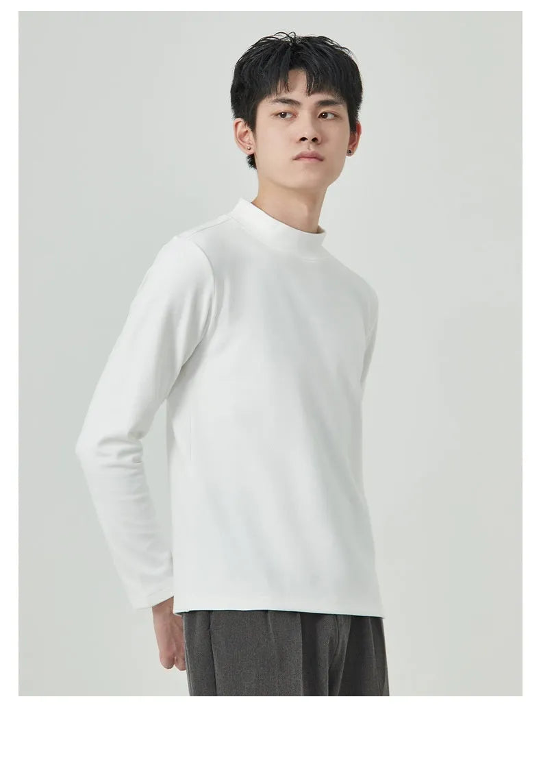 Men's brown half-high collar long sleeve t-shirt in Dralon fabric for autumn winter wear