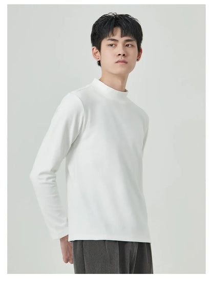 Men's brown half-high collar long sleeve t-shirt in Dralon fabric for autumn winter wear