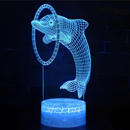 Dolphin-shaped night light with touch control, measuring 205mm by 120mm by 4mm with LED illumination