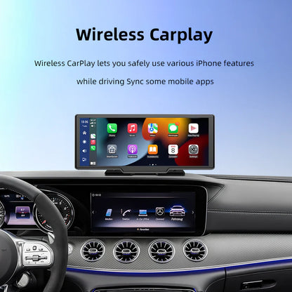 10.26 inch wireless CarPlay car recorder with 140° wide-angle lens on vehicle dashboard