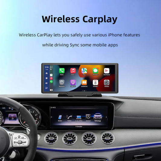 10.26 inch wireless CarPlay car recorder with 140° wide-angle lens on vehicle dashboard