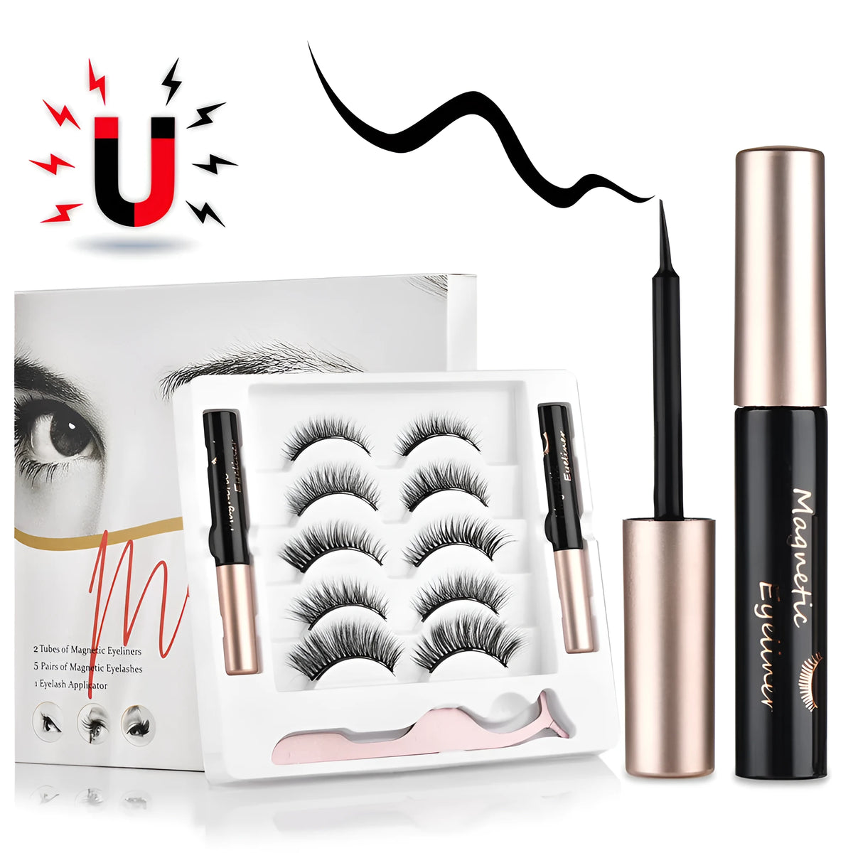 Magnetic false eyelashes set with 5 pairs of imported fibre lashes and 2 mascaras, hand-crafted, 13.7x14.5x1.7cm case