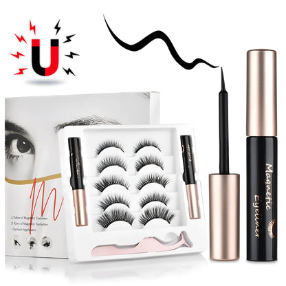 Magnetic false eyelashes set with 5 pairs of imported fibre lashes and 2 mascaras, hand-crafted, 13.7x14.5x1.7cm case
