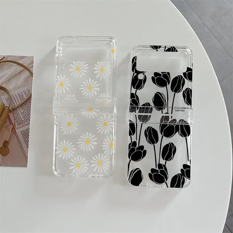 Samsung Galaxy Flip folding screen flower phone case with PC hard shell for Z Flip3 and Z Flip4 models, fashion simple floral design protector in Daisy or Tulip colours