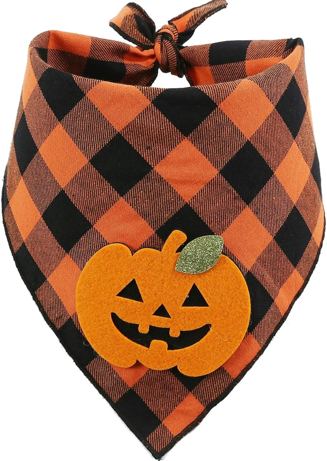 Orange Halloween dog bandana with felt pumpkin appliques on plaid fabric