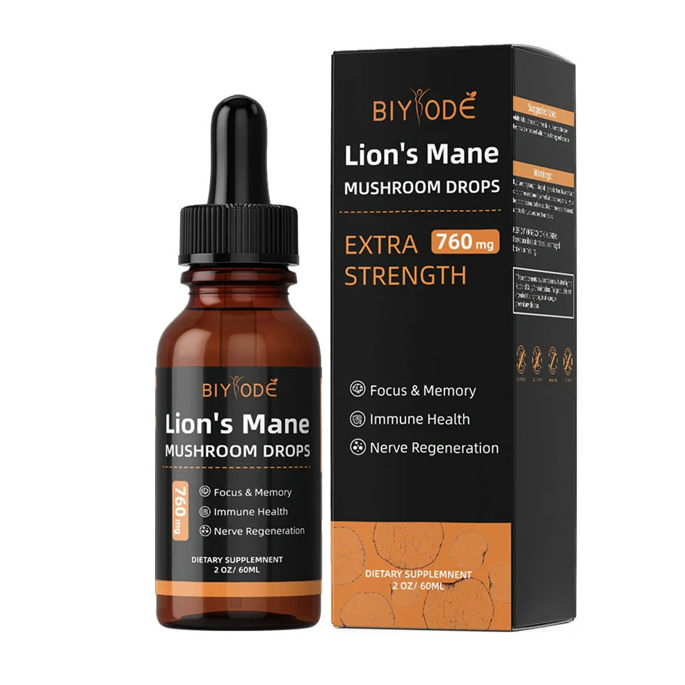 10ml glass bottle of organic lion's mane mushroom liquid extract with graduated dropper
