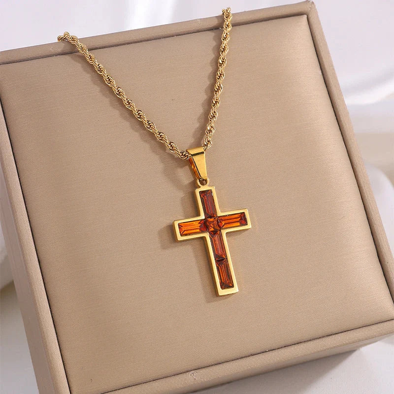 Elegant European and American-inspired diamond cross necklace with unique geometric design and vibrant, fade-resistant finish