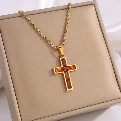 Elegant European and American-inspired diamond cross necklace with unique geometric design and vibrant, fade-resistant finish
