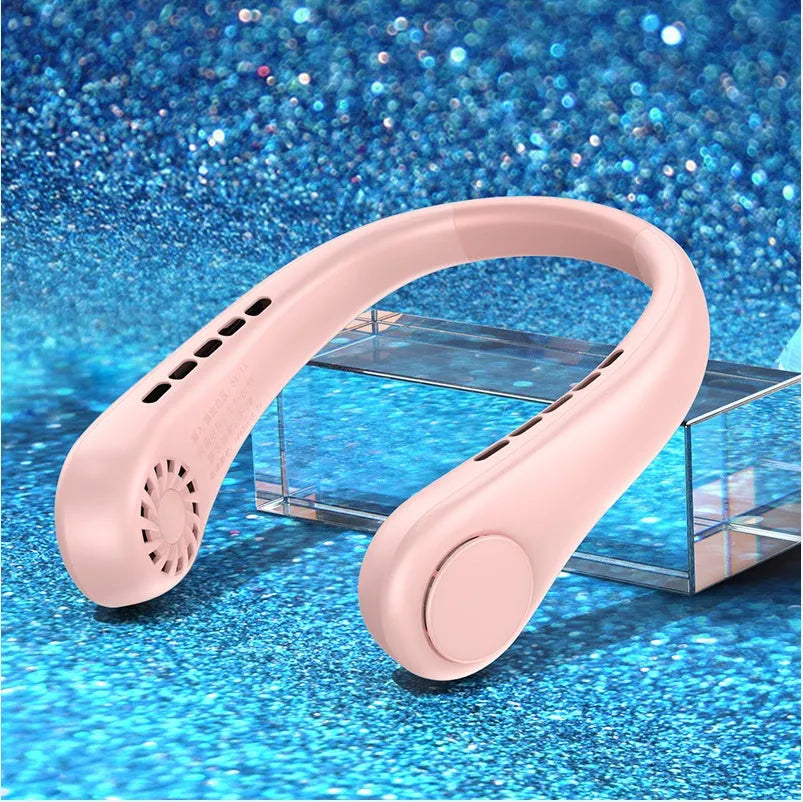 White bladeless hanging neck fan showing the annular air outlet and USB charging port.