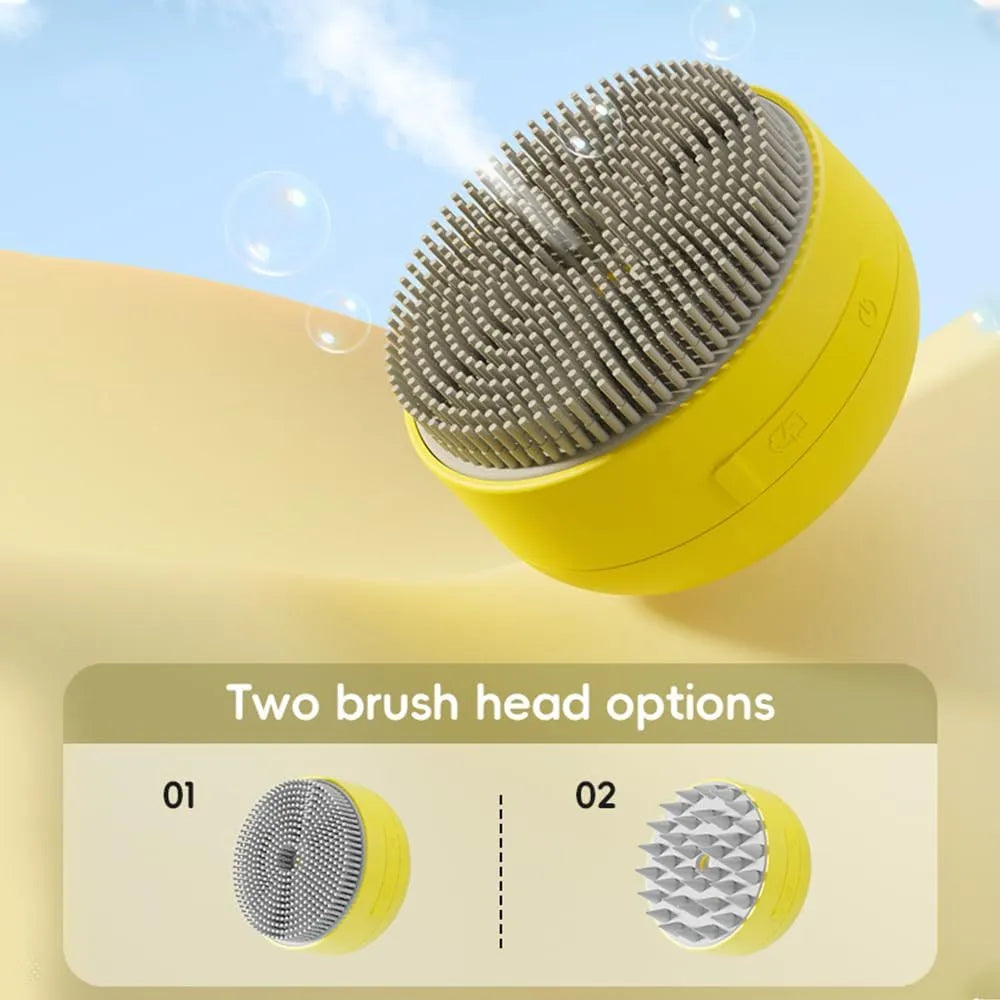 Green and yellow rechargeable cat steam brush with silicon bristles, measuring 85x85x52mm