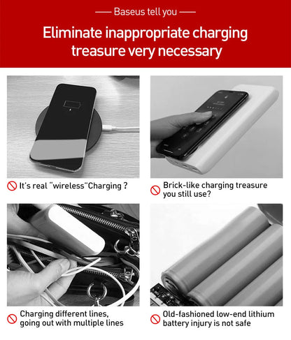 Small square black wireless charging power bank with LED display showing battery percentage.