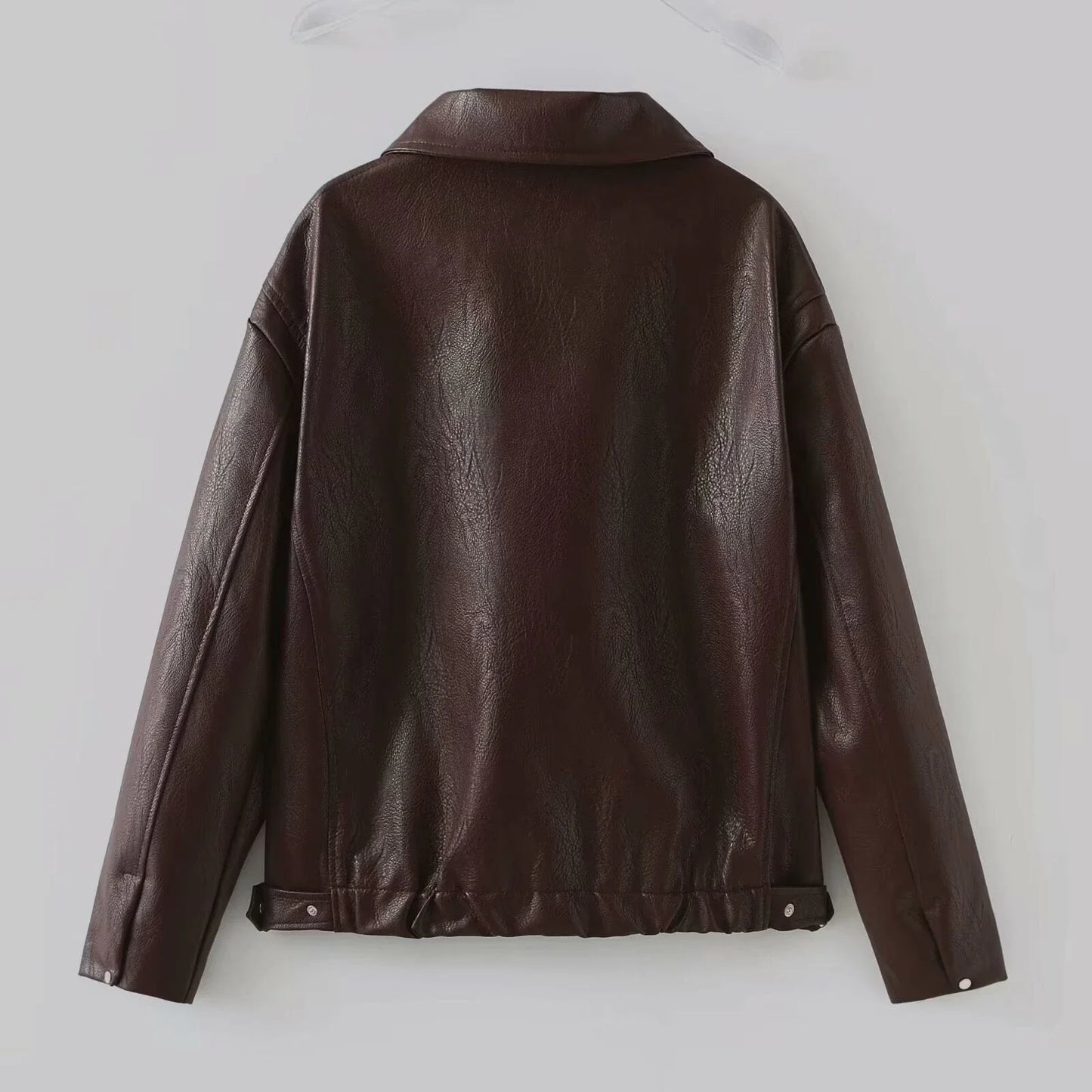 A stylish faux leather jacket with a zipper closure and lapel, available in burgundy and black colors.