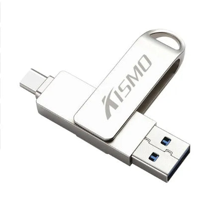 Metal dual-use USB flash drive for Apple and Android with USB 3.0, shown in Black, Gold, Pink, and Silver.