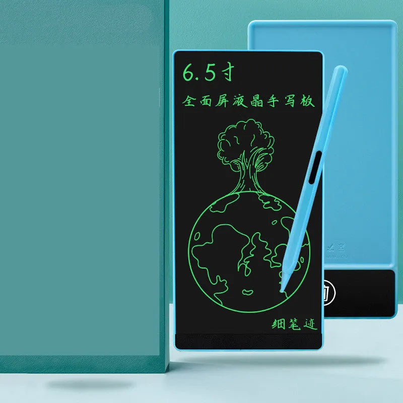 Blue student LCD handwriting tablet with stylus on a 6.5 inch screen for writing and arithmetic practice.