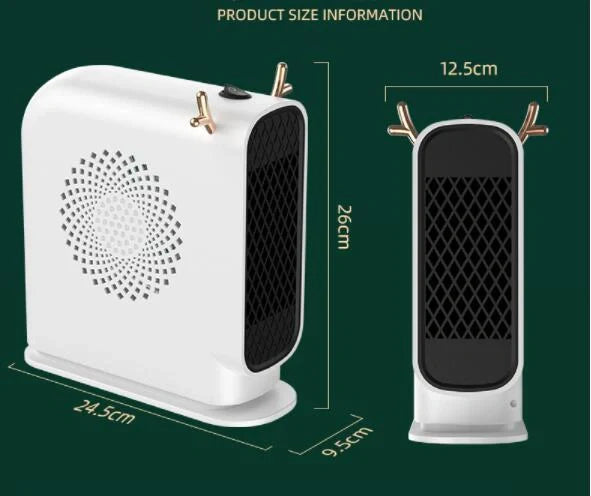 Compact desktop heater in white, green, and yellow for small space warming