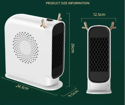 Compact desktop heater in white, green, and yellow for small space warming
