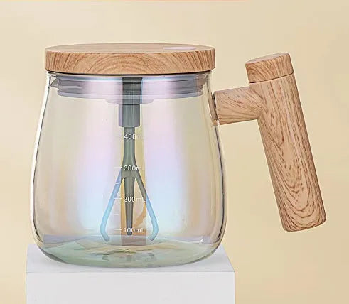 Clear borosilicate glass electric self-stirring coffee mug with 400ml capacity.