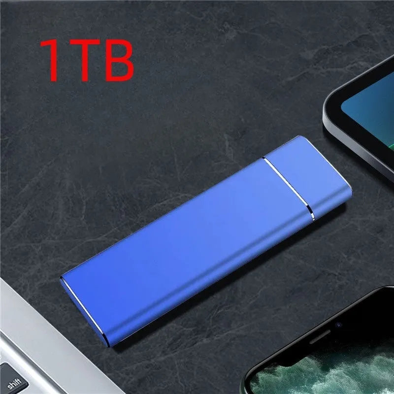 Portable solid state external hard disk with metal shell in sapphire blue colour showing compact dimensions