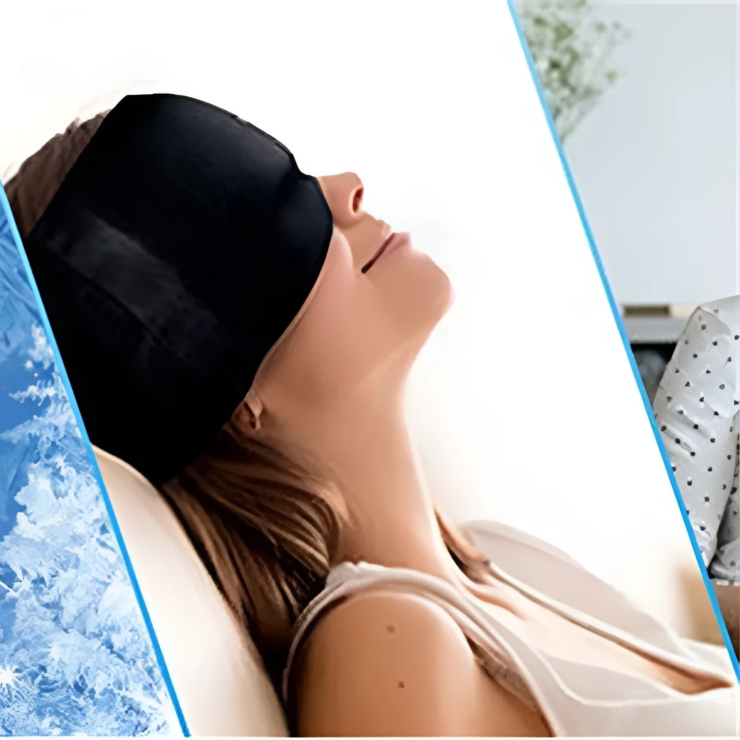 Black elastic cloth gel cold compress eye mask for headache relief on a grey background.