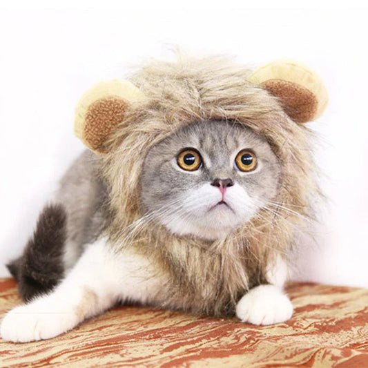 A charming pet hat with a fluffy lion mane and ears, designed to make your furry friend look like the king or queen of the jungle.
