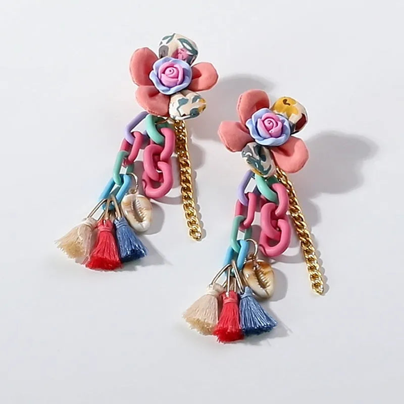 Handmade bohemian shell tassel earrings for women with colourful flower and geometric drop design