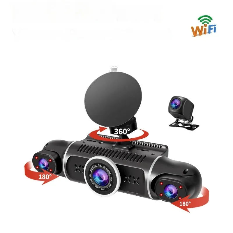 Dual-lens HD driving recorder with 3.5-inch LCD screen mounted on a car dashboard.