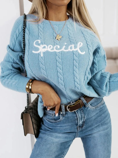 Blue leisure pullover with embroidered letters and text pattern, crew neck street fashion knitwear
