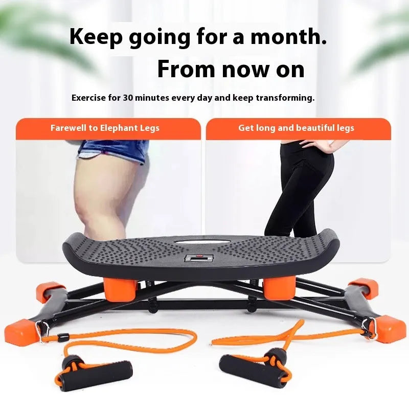 Black JS101A mini indoor skiing exercise machine with elastic hand straps on a carpet.