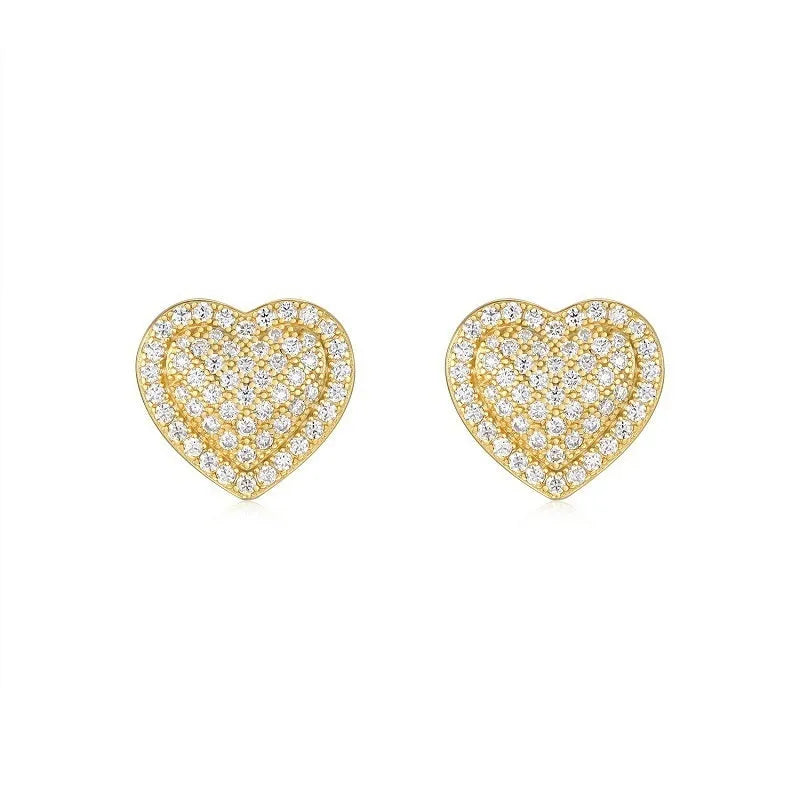 Golden heart-shaped S925 silver moissanite unisex stud earrings, one pair
