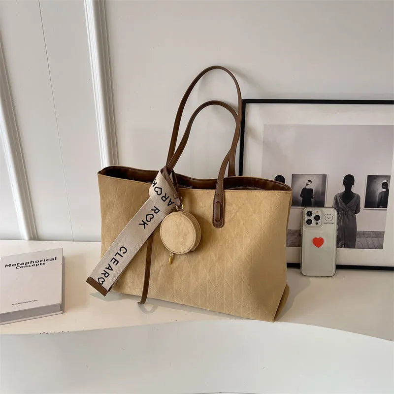 Women's large casual polyester shoulder tote bag in horizontal square shape with zippered inner pocket