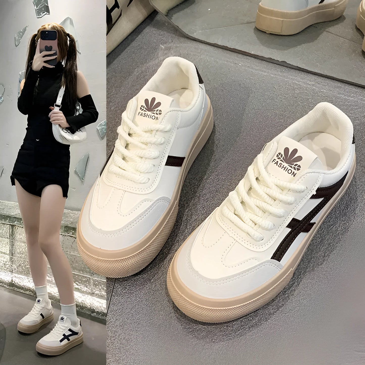 Low-top blue and brown casual lace-up shoes with round toe and flat rubber sole.