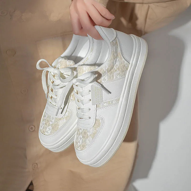 Beige Plaid Platform Sports Shoes, Round-Toe Rubber-Sole Leisure Board Shoes with Mesh Lining for Breathable Wear and Non-Slip Grip, Available in UK Sizes 35-40