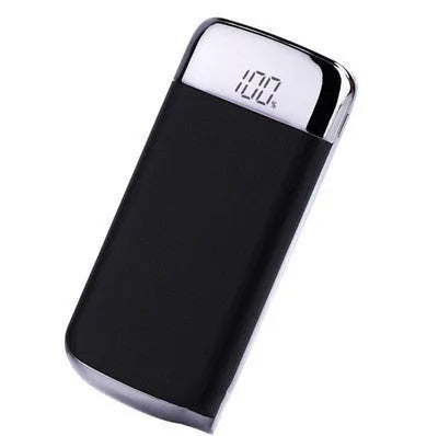 Square aluminium power bank with digital display and multiple USB ports in pink colour.