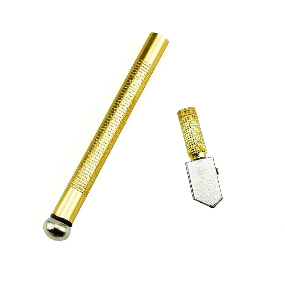 Handheld metal glass cutter tool with a carbide wheel for cutting thick glass sheets.