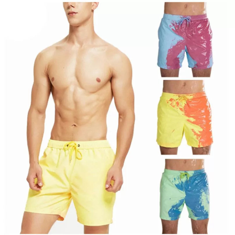 Men's colour-changing beach shorts in various colours, showing quick-dry and water-reactive features