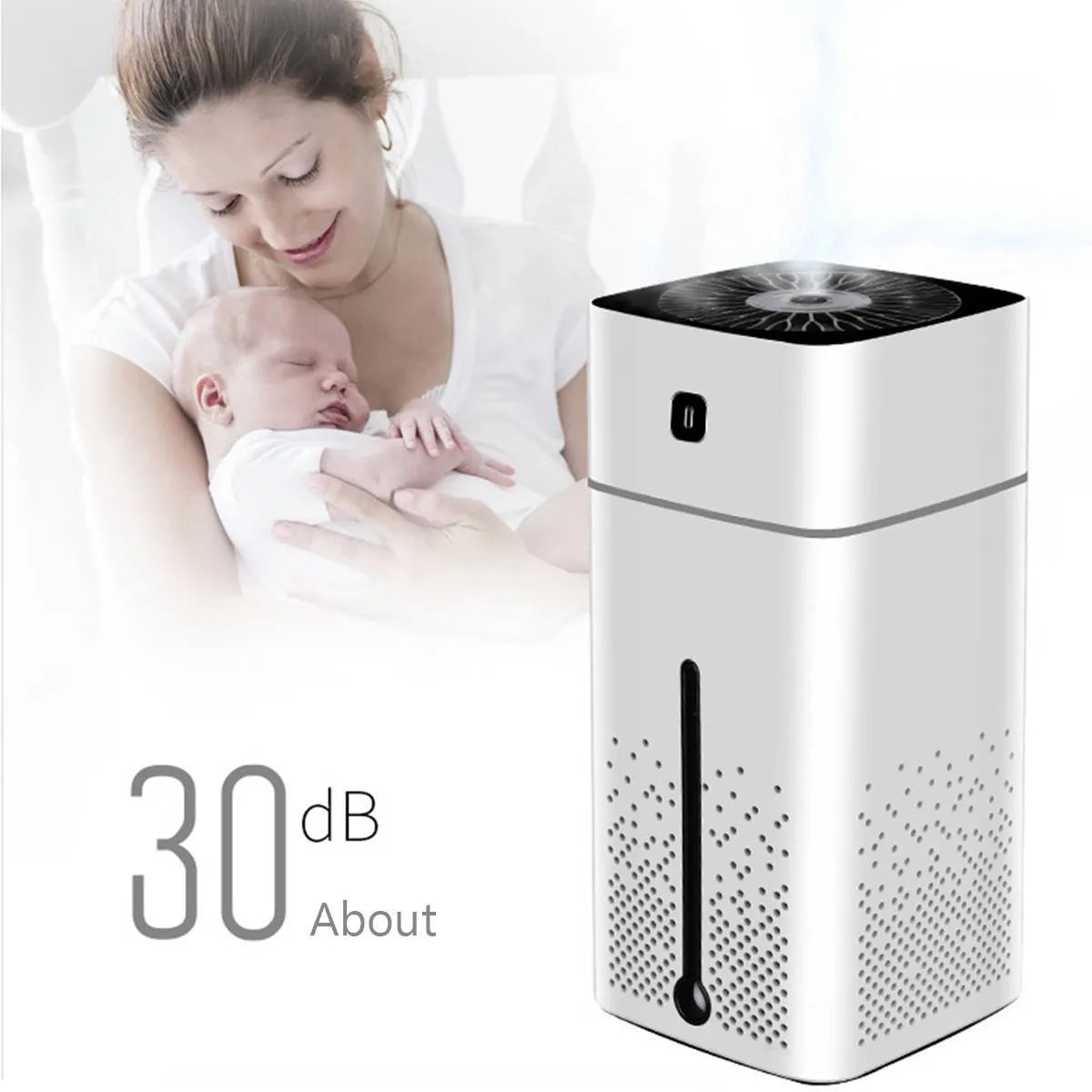 Black desktop humidifier measuring 103x103x218mm with USB cable, water tank showing 1000ml capacity