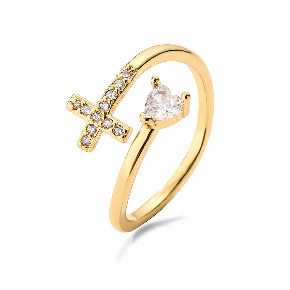 Adjustable CZ zircon cross evil eye ring for women with geometric design