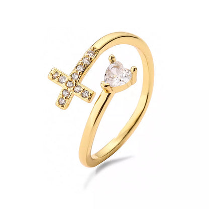Adjustable CZ zircon cross evil eye ring for women with geometric design