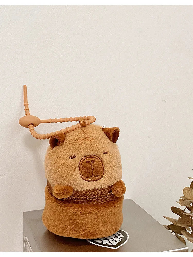 Brown plush animal coin purse and earphone bag with embroidery for daily matching