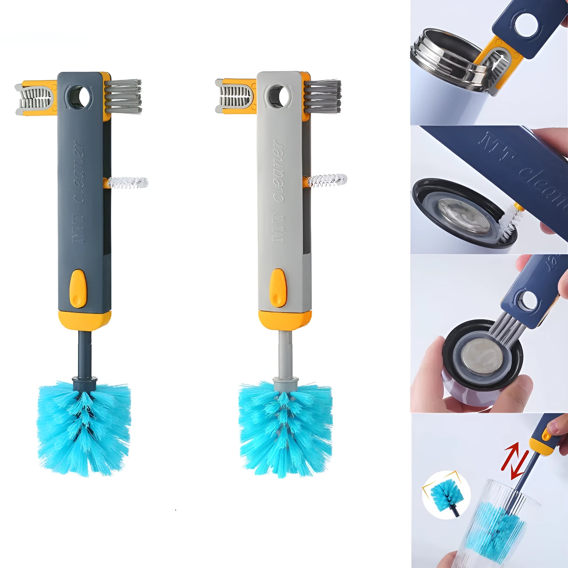 Blue and grey 4-in-1 multifunctional cup cleaning brush set with silicone and wire tools.