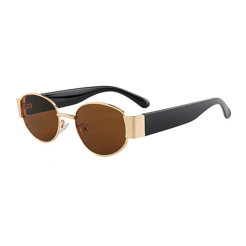 Small round sunglasses with plastic and metal frame, AC lenses, and UV400 anti-UV grade, shown in gold or silver colour options