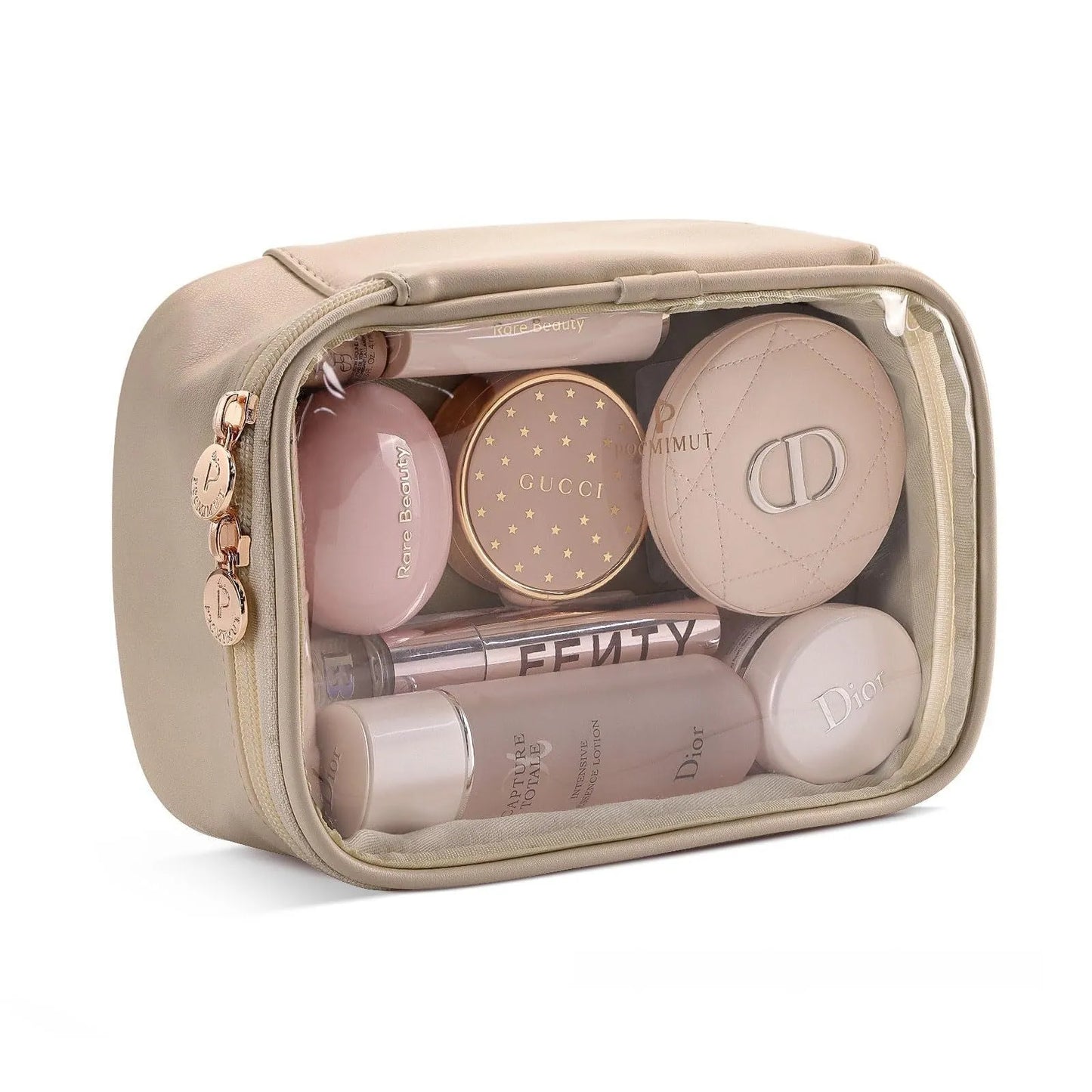 Transparent PVC leather cosmetic bag showing interior organisation with dry wet separation