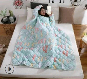 Cozy heated blanket with sleeves for comfortable lounging and hands-free relaxation