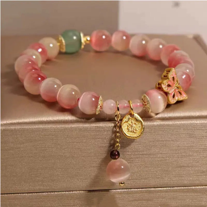 Pink opal butterfly women's bracelet with Chinese style design and electroplated finish