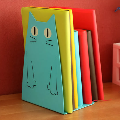 One pair of iron bookends, 14 x 20.5 x 10.5cm, in blue or yellow, holding books upright on a shelf.
