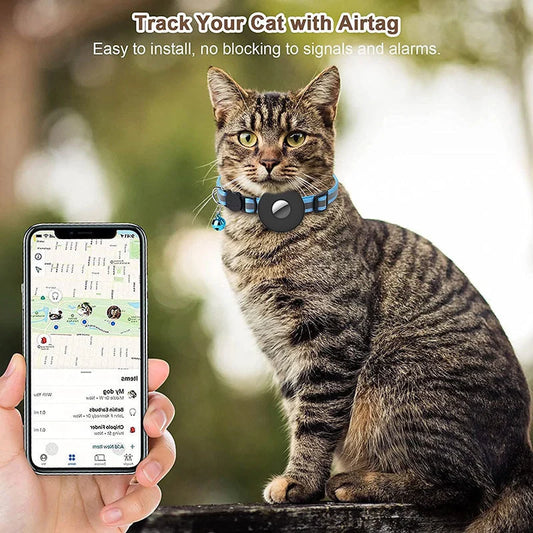 Adjustable Airtag pet collar with reflective strip and bell for cats and dogs
