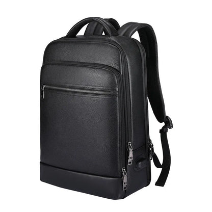 Black leather men's business computer backpack with curved shoulder straps and sewing line details