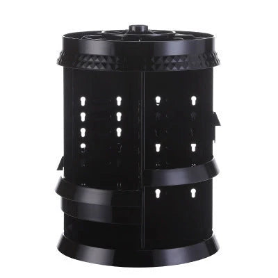 Rotating makeup organizer with detachable drawers in various finishes, including white, black, and transparent options