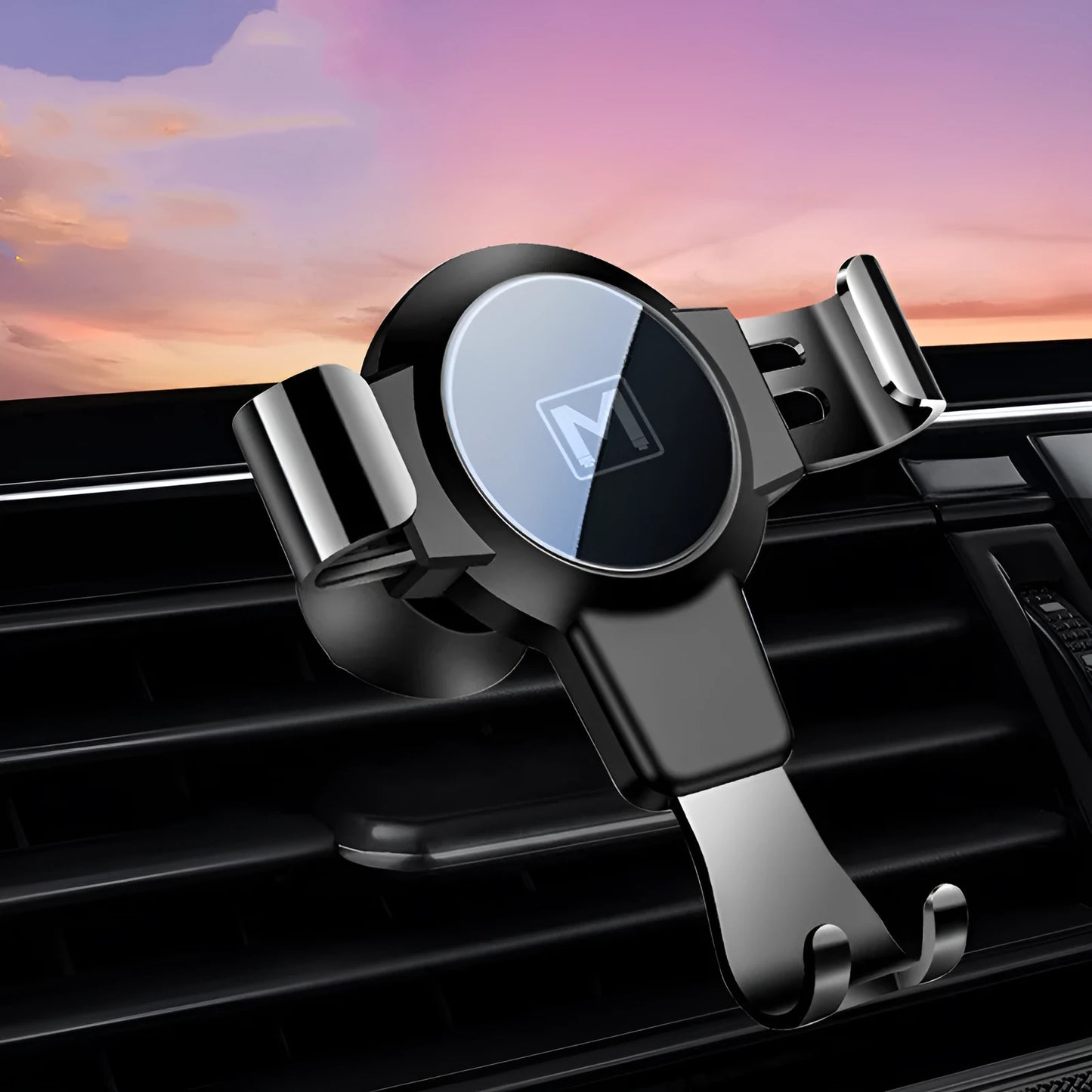 Black S4 gravity mirror car phone holder clipped onto a car air vent, holding a smartphone.