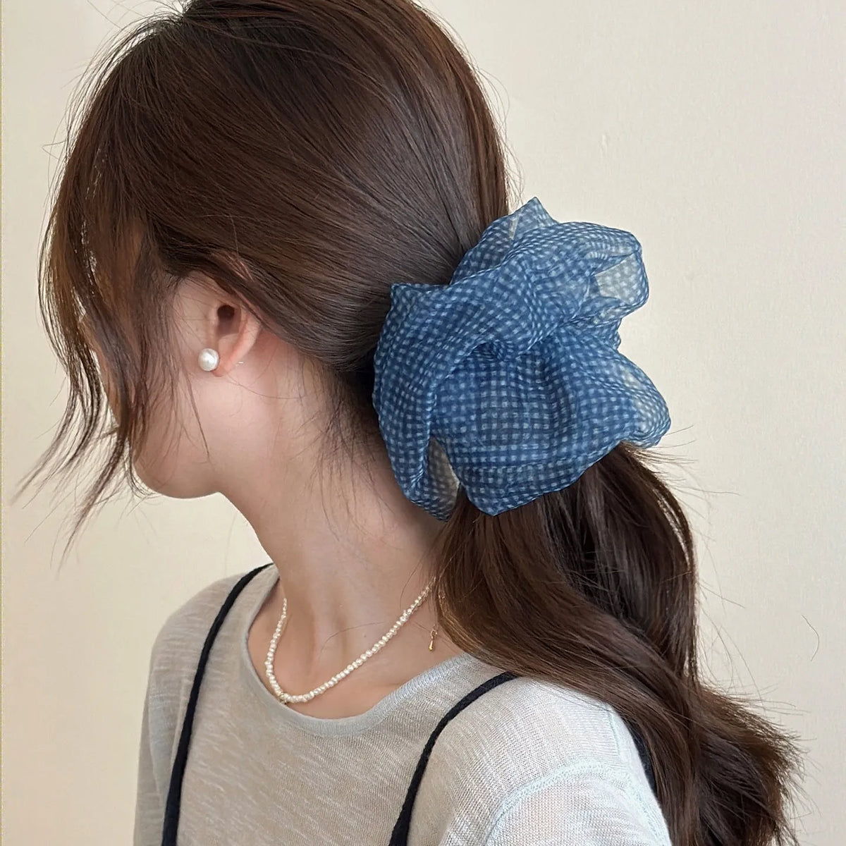 Tibetan blue grid seersucker shark hair clip with matching barrette and hair ring accessories